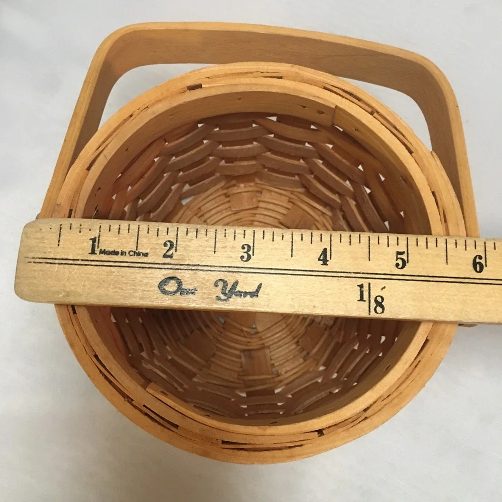 Woven Wood Basket Small Tan Round Handcrafted Swing Handle Decor Cottagecore